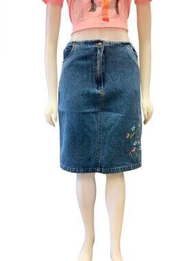 Bugle Boy Vintage EUC Floral Embroidered Denim Pencil Skirt, Size 14